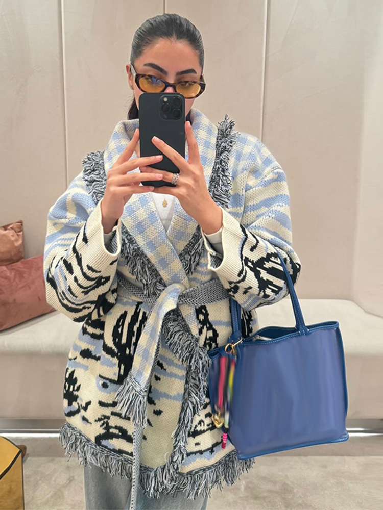 2026 Autumn Winter Print Knit  - Tassel Fringe Trim ulasan dan harga