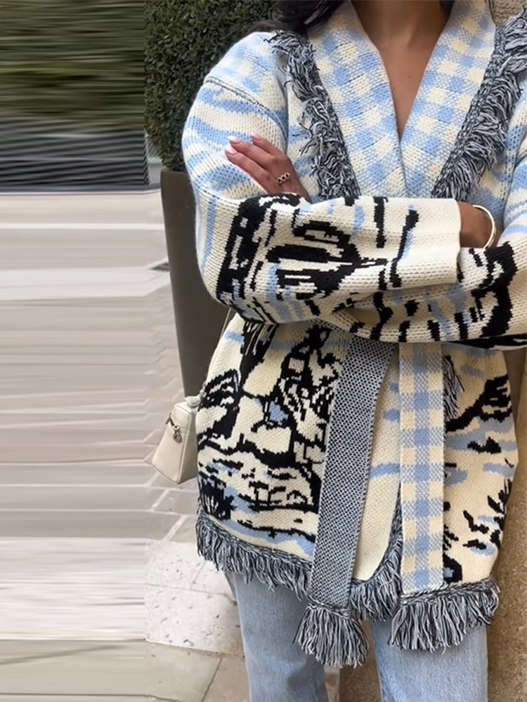 2026 Autumn Winter Print Knit  - Tassel Fringe Trim ulasan dan harga